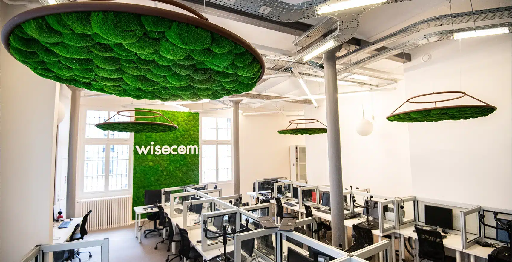 Wisecom Paris arbetsrum - bevarade Ball Moss-väggar och upphängda akustiska cirklar, uppmätt akustisk förbättring på -10 dB